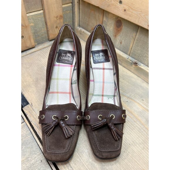 Coach Leatherware Brown Suede & Leather Tassel Heels Size 8.5 - Picture 3 of 9